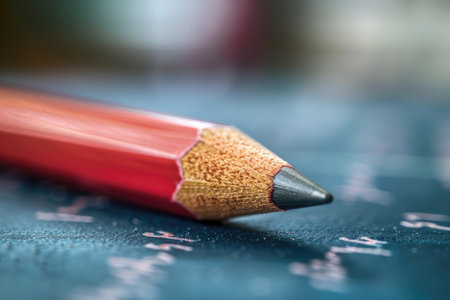 This image features a detailed closeup of a vibrant red pencil resting elegantly on a smooth tabletop surface, showing its unique design. AI-generated content.の素材