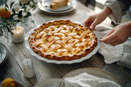Indulge in a Delicious Homemade Pie Served on a Beautiful Rustic Table Setting Todayの素材