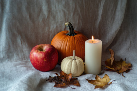 Enjoy the beauty of Autumn Decor with Pumpkins, fresh Apples, and a cozy Candleの素材
