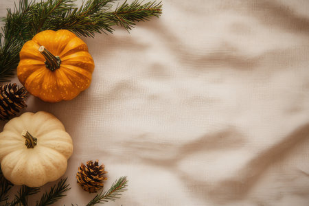 Embrace the beauty of autumn with delightful decor featuring pumpkins and pineconesの素材