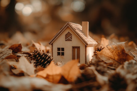 A small wooden house is peacefully sitting atop a large pile of leavesの素材