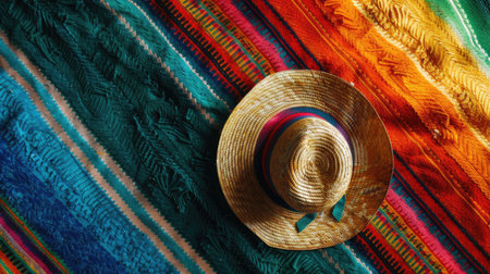A bright and cheerful straw hat is elegantly resting on top of a vibrant and colorful blanket, showing a delightful visual compositionの素材