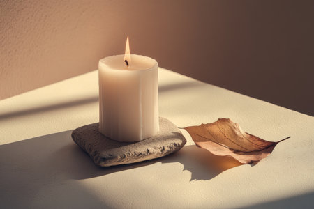 A single candle is elegantly placed on a smooth rock, situated beside a delicate leaf, all atop a beautifully arranged tableの素材