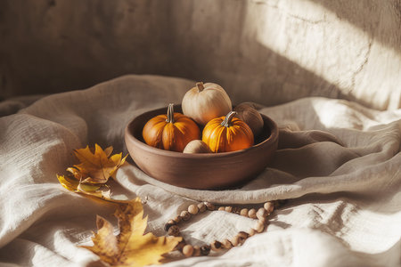 A bowl filled with various pumpkins and colorful leaves elegantly placed on a table, creating a warm and inviting atmosphereの素材