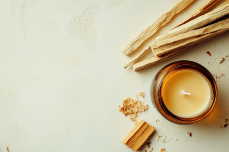 A beautifully crafted candle is elegantly sitting on a wooden table, positioned next to some fragrant sticks of palo santo woodの素材