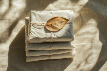 A lovely stack of books elegantly wrapped in crisp white paper, adorned with a delicate leaf placed atop, creating a charming displayの素材