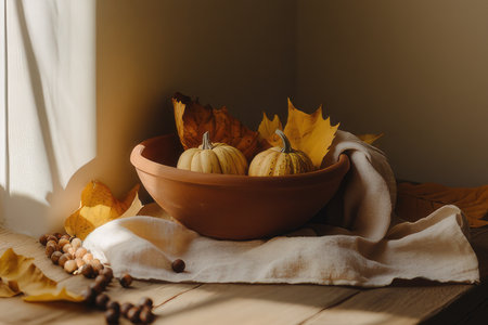 On a rustic wooden table sits a beautiful bowl filled with vibrant pumpkins and colorful leaves, creating an inviting autumnal displayの素材