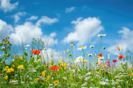 A vibrant and colorful field of blooming flowers with a clear blue sky stretching wide in the background, creating a beautiful sceneの素材
