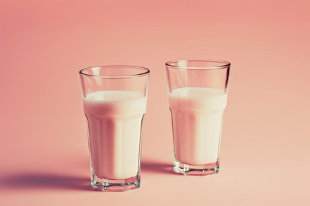 There are two glasses of milk presented on a lovely pink background, creating a vibrant and appealing visual. This highlights the refreshing liquidの素材
