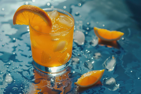 A refreshing glass of orange juice sits on a table, filled with ice cubes and garnished with beautiful orange slices for added flavorの素材