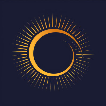 A stunning golden circle radiating bright rays outward on a rich dark blue background, creating a captivating visual effectの素材