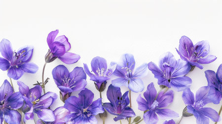 A vibrant cluster of beautiful purple flowers set against a pristine white background, creating a striking visual contrastの素材