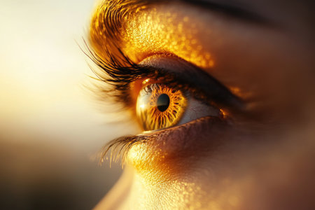 A closeup view of a breathtaking golden eye that reflects sunlight beautifully, showcasing intricate detailsの素材