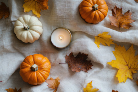 A cozy autumn scene that features bright pumpkins, colorful fall leaves, and a warm candle for seasonal ambianceの素材
