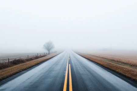 A long, lonely road stretches endlessly into the thick, gray fog, surrounded by bare fields and profound tranquilityの素材