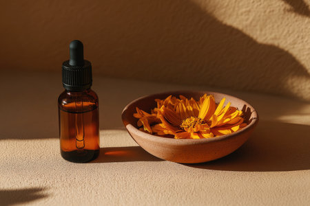A bottle filled with fragrant essential oil is placed next to a charming bowl filled with an assortment of beautifully dried flowersの素材