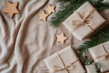 On the table, you can see Christmas presents beautifully wrapped in burlap, along with charming wooden stars that add to the festive spiritの素材