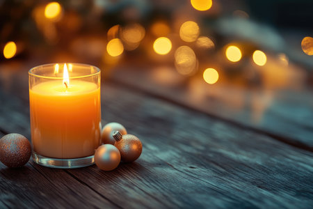 A beautifully soothing candle surrounded by an array of festive ornaments, ideal for creating holiday ambianceの素材