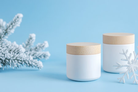 There are two elegant white jars featuring wooden lids, adorned with charming snowflake designs against a serene blue backgroundの素材