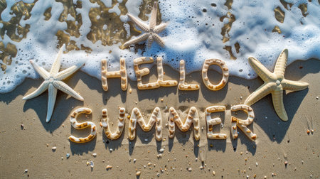 In the warm sandy beach, the cheerful phrase hello summer is beautifully inscribed in the sand, surrounded by charming starfish.の素材