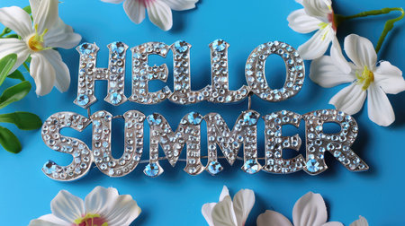 A vibrant blue background adorned with delicate white flowers beautifully complemented by the cheerful words Hello Summerの素材