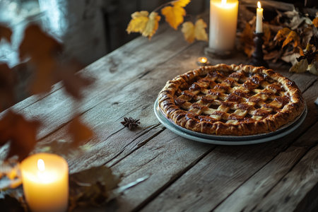 A cozy autumn scene with a delicious pie, flickering candles, and colorful leaves on a warm wooden tableの素材