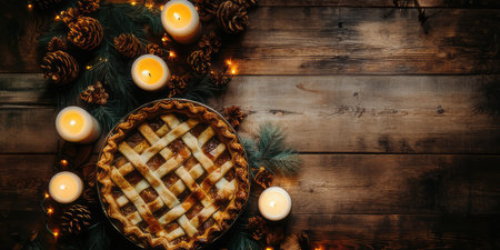A warm image of a delicious apple pie with candles and holiday decor on a rustic table, perfect for the seasonの素材