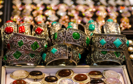 jewelry bracelets earrings rings and natural stones of turquoise and tiger eye Indian artsの写真素材