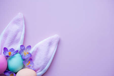 bunny ears, easter eggs and spring flowers on a lilac background. simple minimalism flat lay top view copy space.の写真素材