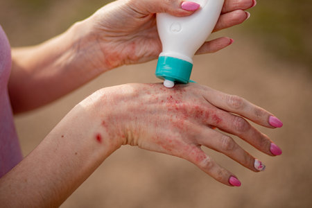 Eczema on the hands. The woman applying the ointment , creams in the treatment of eczema, psoriasis and other skin diseases. Skin problem concept.の写真素材