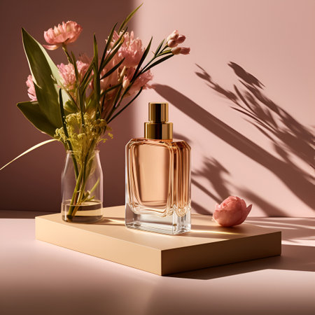 Bottle of perfume with flowers on pink background. AI generatedの素材