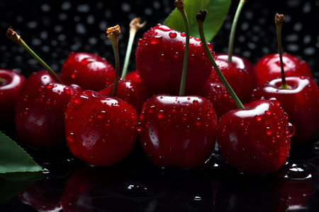 Close up of pile of ripe cherries with stalks and leaves. Ripe cherries background. AI generated.の素材