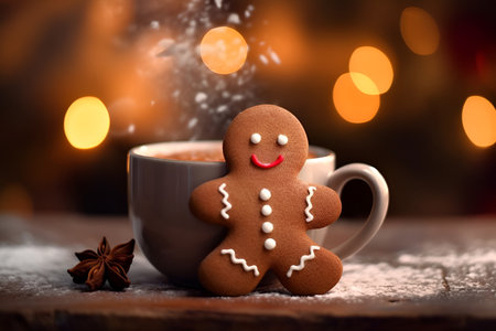 Smiling gingerbread man stands next to a mug of hot cocoa, bokeh in the background. AI generated.の素材