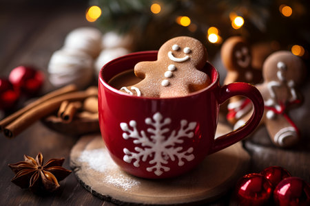 Gingerbread man in a cup of hot chocolate or cocoa. AI generated.の素材
