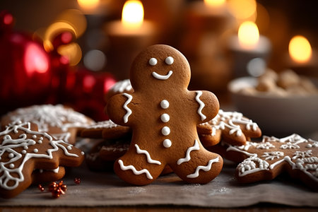 gingerbread man, homemade cookies on christmas table, close up, ai generated.の素材