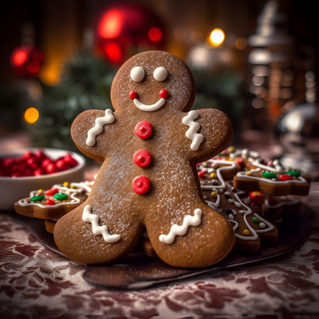 gingerbread man, homemade cookies on christmas table, close up, ai generated.の素材
