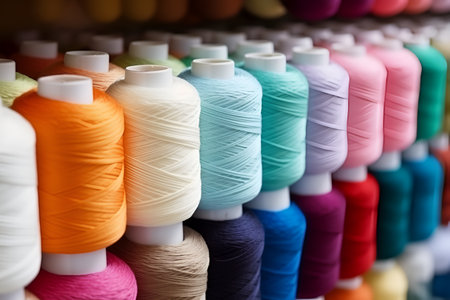Colorful yarn on spool, yarn on tube, cotton, wool, linen thread. AI generated.の素材