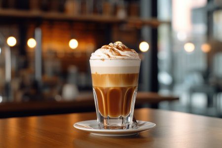 a glass of latte macchiato coffee on a table in a cafe. AI generated.の素材