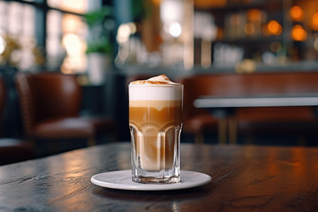 a glass of latte macchiato coffee on a table in a cafe. AI generated.の素材