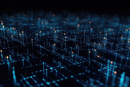 Abstract connected dots on a dark background. Big data digital code, data transmission. Futuristic concept of information technology. AI generated.の素材