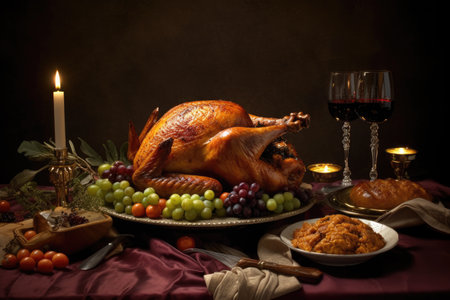 Roasted turkey on rustic table decorated with pumpkins, baked vegetables, pie, flowers and candles. AI generated.の素材