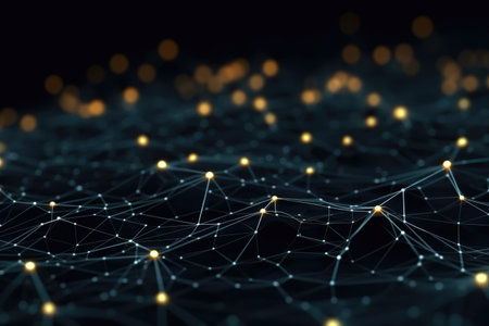 Abstract connected dots on a dark background. Big data digital code, data transmission. Futuristic concept of information technology. AI generated.の素材