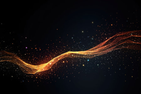 Wave of dots and interweaving of lines. Abstract background. Network connection structure. AI generated.の素材