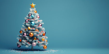Beautiful festive Christmas background. Christmas tree decorated with balls on a blue background, banner format, copy space. AI generated.の素材