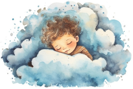 illustration of a small child sleeping on a cloud. AI generated.の素材