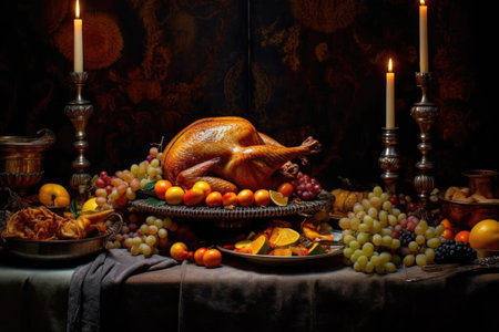 Roasted turkey on rustic table decorated with pumpkins, baked vegetables, pie, flowers and candles. AI generated.の素材