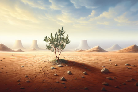 A green sprout of a tree grows alone in the desert. AI generative.の素材