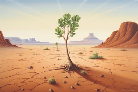 A green sprout of a tree grows alone in the desert. AI generative.の素材