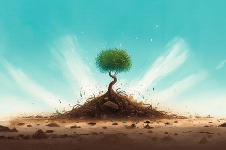 A green sprout of a tree grows alone in the desert. AI generative.の素材