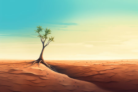 A green sprout of a tree grows alone in the desert. AI generative.の素材